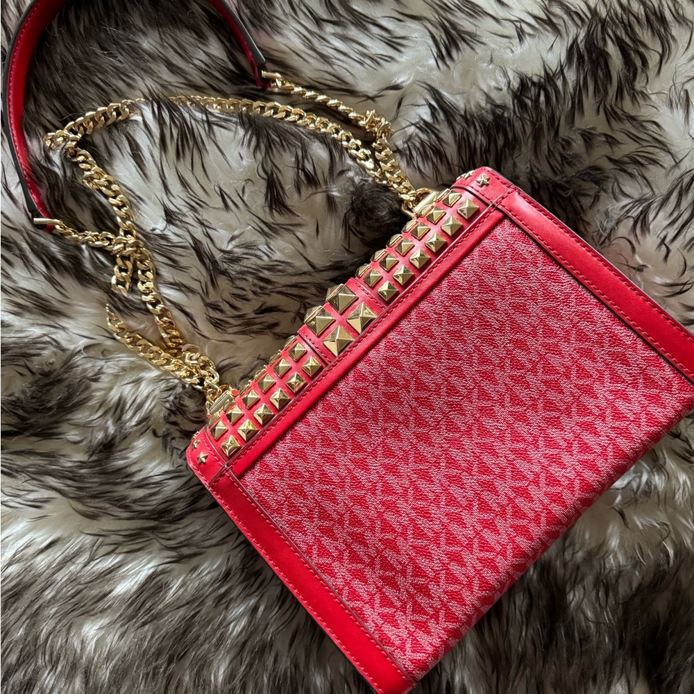 Red Studded Shoulder Michael Kors Handbag - Picture 10 of 10